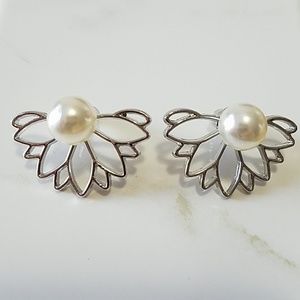Silver Lotus Jacket Earrings